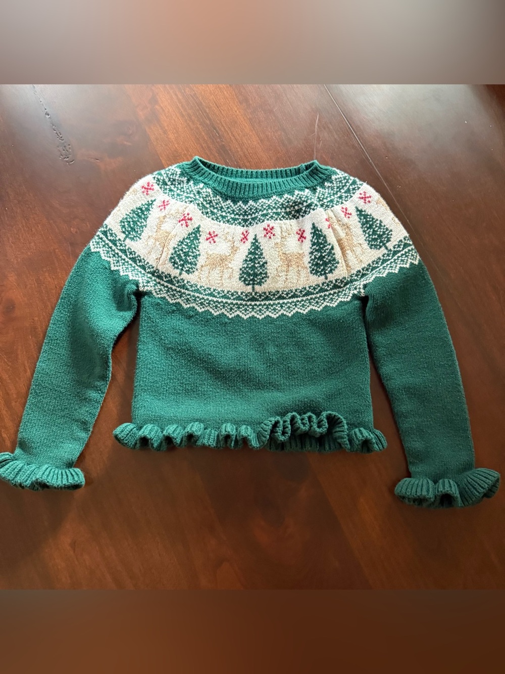 Tahari Girls Christmas Sweater 3T Green Beige Reindeer Tree Ruffle
